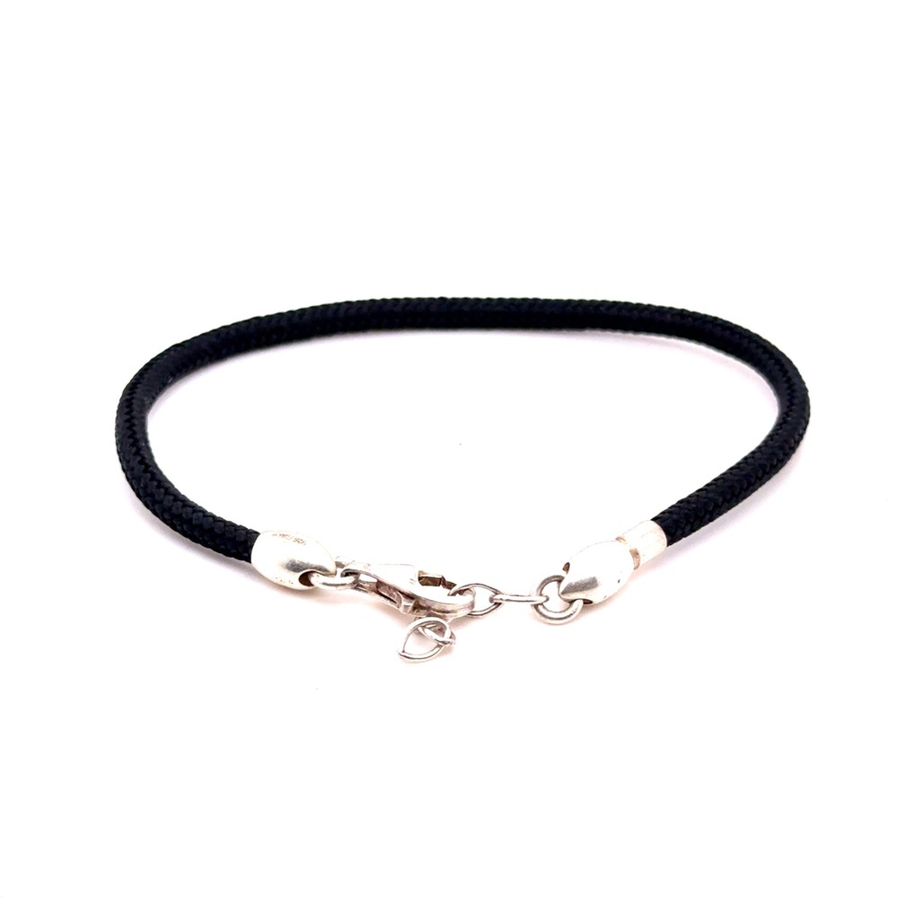 925 Sterling Silver Black Braided Cord Bracelet Heart Charm 7.5-8 Inch